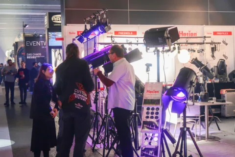 Prolight Sound Frankfurt Hotion Booth Sales People Introduces Lighting Products To Clients